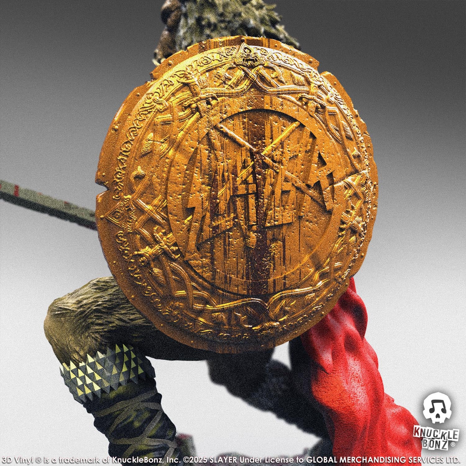 Statue of the Slayer Show No Mercy statue with a sword and shield, featuring the Slayer logo with a white background